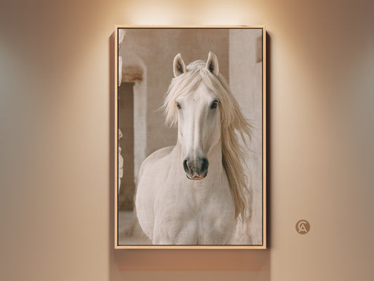 Framed photorealistic white horse canvas art on a beige wall. This rustic animal print adds farmhouse charm to any room. Perfect cream beige home decor for horse enthusiasts.