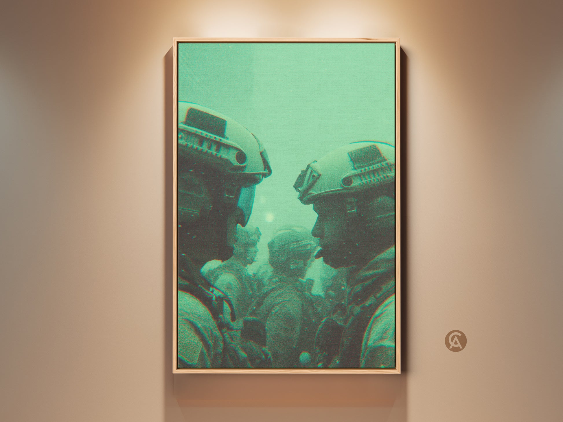 Framed canvas artwork of soldiers wearing helmets. This green toned military art is displayed in a floating frame. The modern wall decor will look great in your home. Buy ready to hang art today