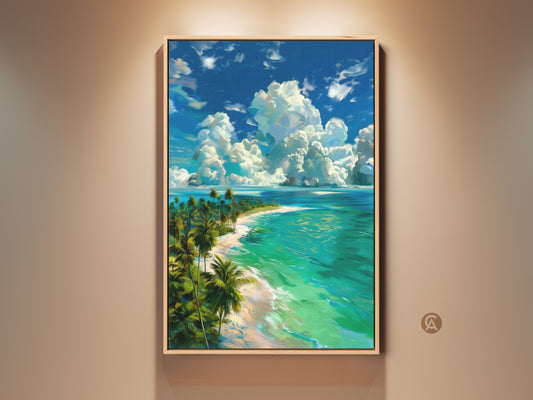 Framed tropical island beach artwork. The piece captures the essence of a paradise with its turquoise waters white sand and lush palm trees. The sky is filled with fluffy white clouds adding depth to the art. Buy this beach canvas art for coastal decor.