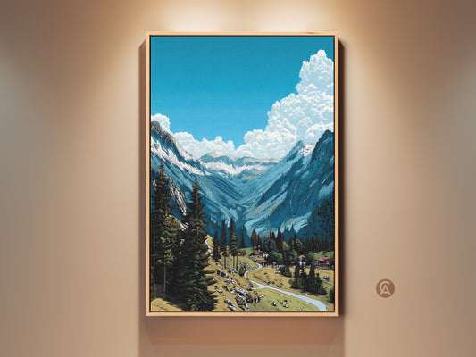 A framed mountain valley artwork. It features snow-capped peaks and lush green trees. The vibrant blue sky and winding road create a serene landscape. Perfect wall art for nature lovers. This framed artwork adds beauty to any space. Shop now for scenic mountain art.