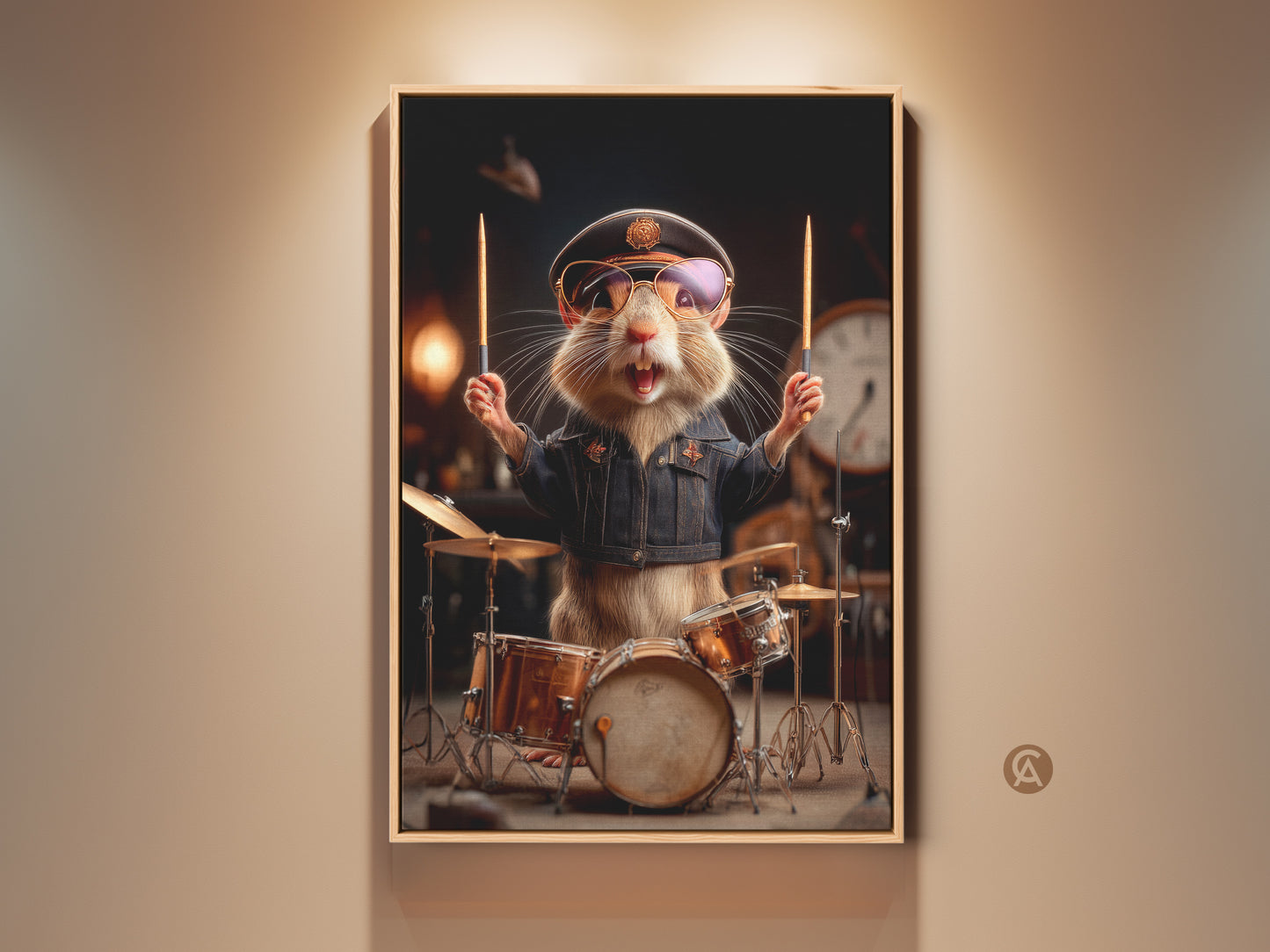 Bring home the Drummer Hamster wall art print. A unique music lover gift featuring an animal canvas. See the hamster drummer in denim blue brown gold tones. Perfect eclectic game room decor.