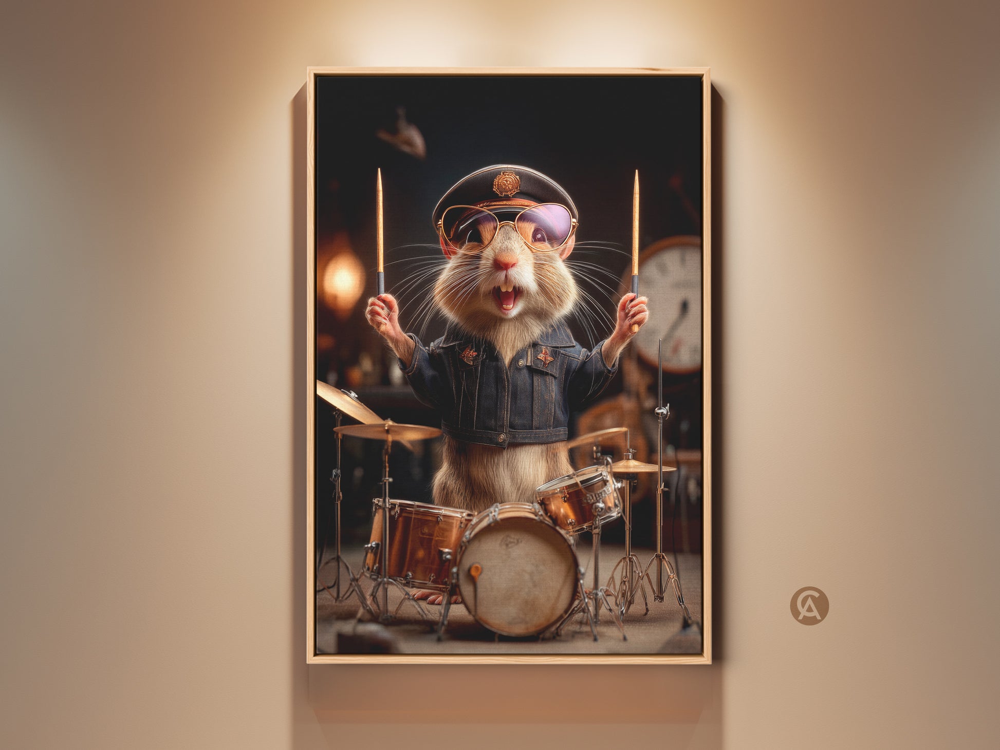 Bring home the Drummer Hamster wall art print. A unique music lover gift featuring an animal canvas. See the hamster drummer in denim blue brown gold tones. Perfect eclectic game room decor.