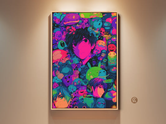 Framed anime art featuring a central character surrounded by colorful creatures. The artwork is displayed under warm lighting. A modern art piece that would be perfect for any room. The artwork is a digital illustration and is visually appealing.
