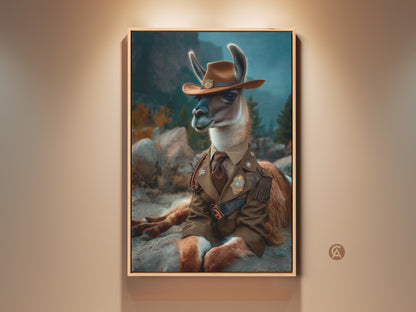 Gallery view of surreal Cowboy Llama canvas art. This eclectic wall decor features an animal portrait with a brown cowboy hat and attire. It adds a unique touch to study rooms and is a perfect gift for animal lovers.