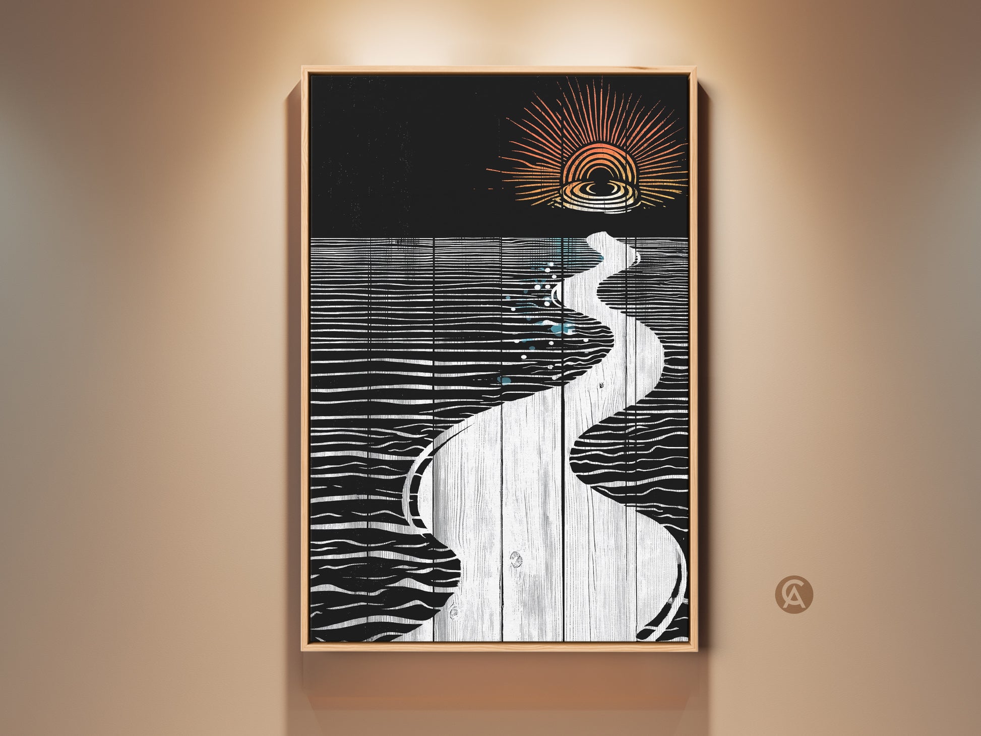 Modern abstract linocut art print featuring a river sunset in orange black and teal tones. This minimalist landscape art adds a contemporary touch. Perfect housewarming gift art.