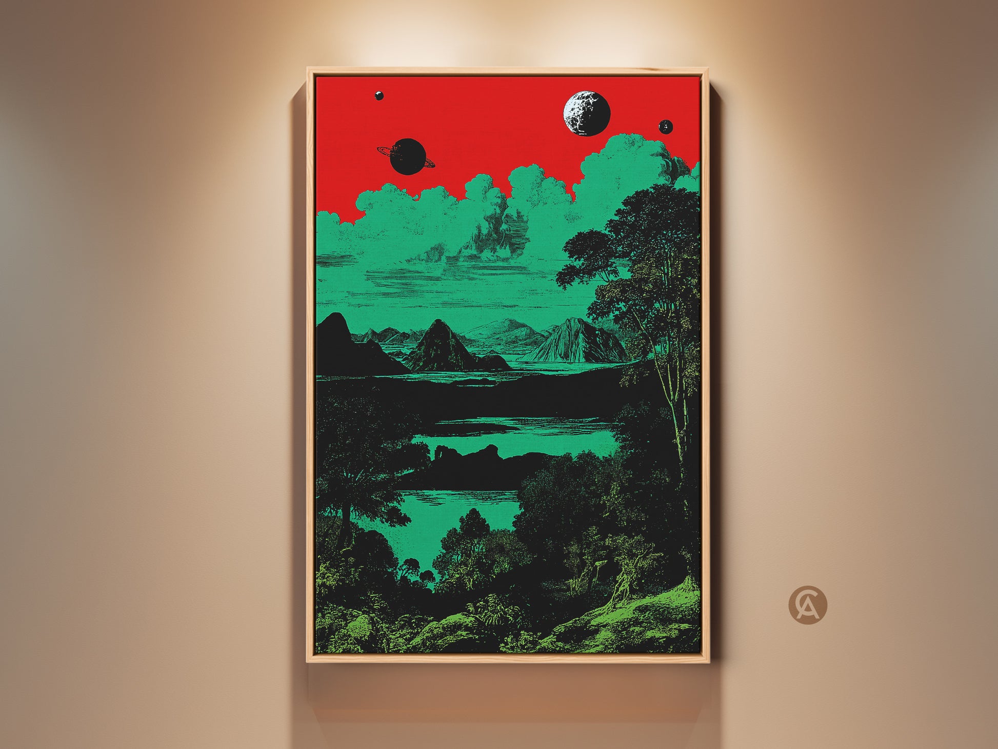 A framed space landscape canvas print is showcased. The surreal artwork features planets and mountains. It uses a vibrant red green and black color palette. This retro eclectic home decor adds a unique touch to any room. It is ideal for sci-fi enthusiasts.
