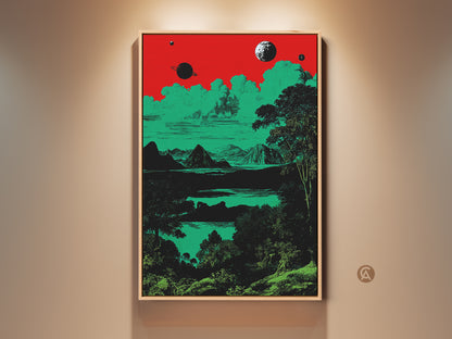 A framed space landscape canvas print is showcased. The surreal artwork features planets and mountains. It uses a vibrant red green and black color palette. This retro eclectic home decor adds a unique touch to any room. It is ideal for sci-fi enthusiasts.
