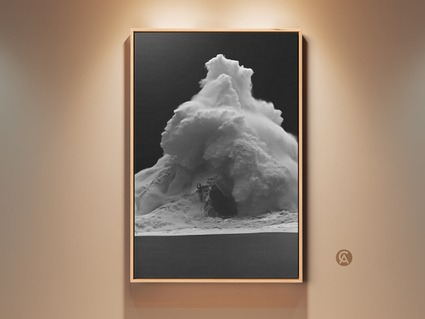 Monochrome ocean wave canvas art in a wood frame. A black and white ocean print for coastal home decor. The contemporary sea spray artwork brings a touch of the surfer beach to your walls. Ideal for a modern living room or home office. A perfect housewarming gift for beach lovers.