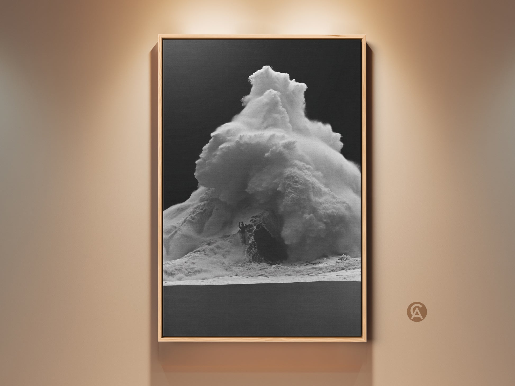 Monochrome ocean wave canvas art in a wood frame. A black and white ocean print for coastal home decor. The contemporary sea spray artwork brings a touch of the surfer beach to your walls. Ideal for a modern living room or home office. A perfect housewarming gift for beach lovers.
