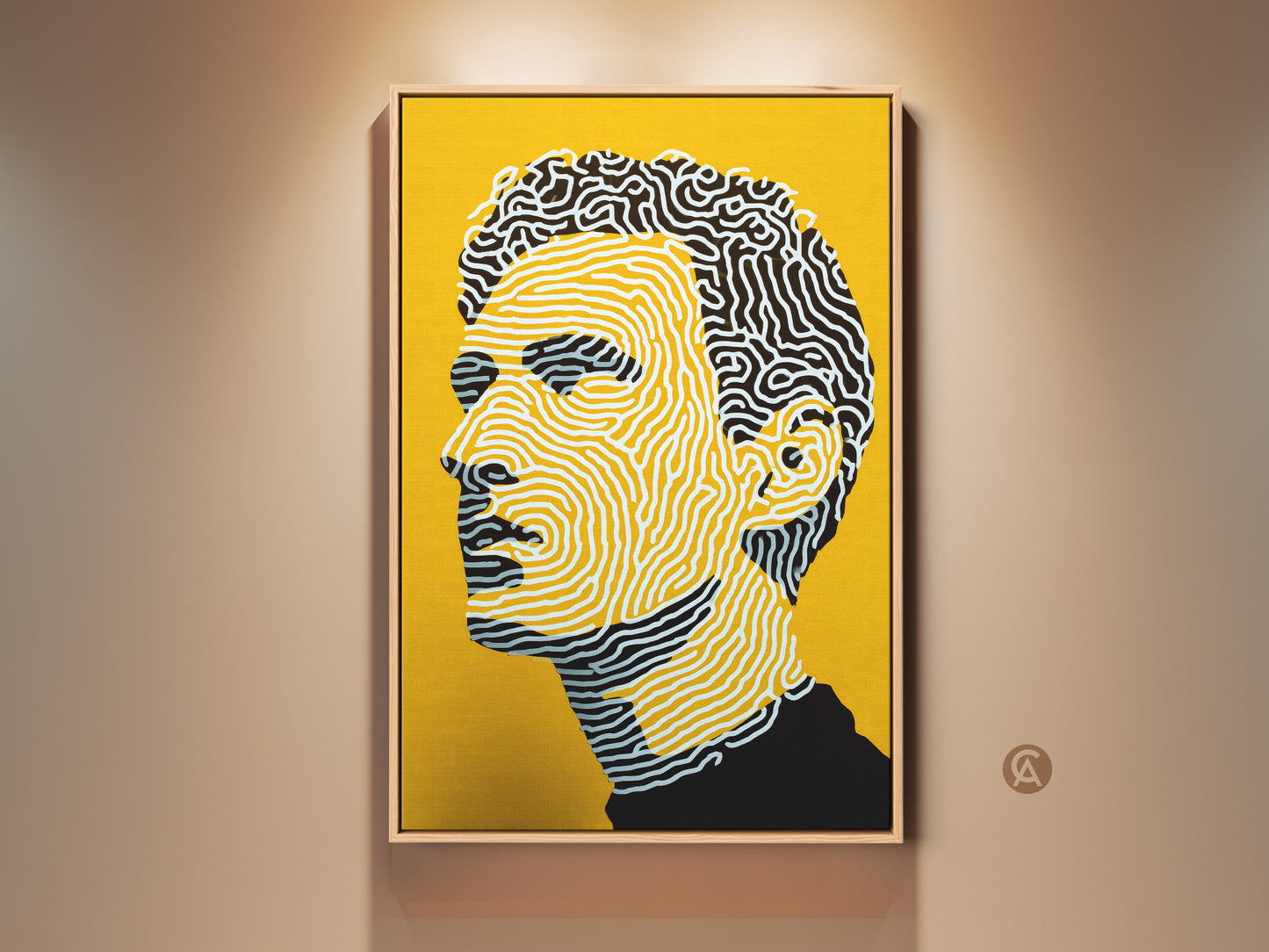 Modern portrait art print with a yellow background. The artwork features a man's profile. The style is unique with swirling line art. Add this striking piece to your art collection. Perfect for modern art lovers.