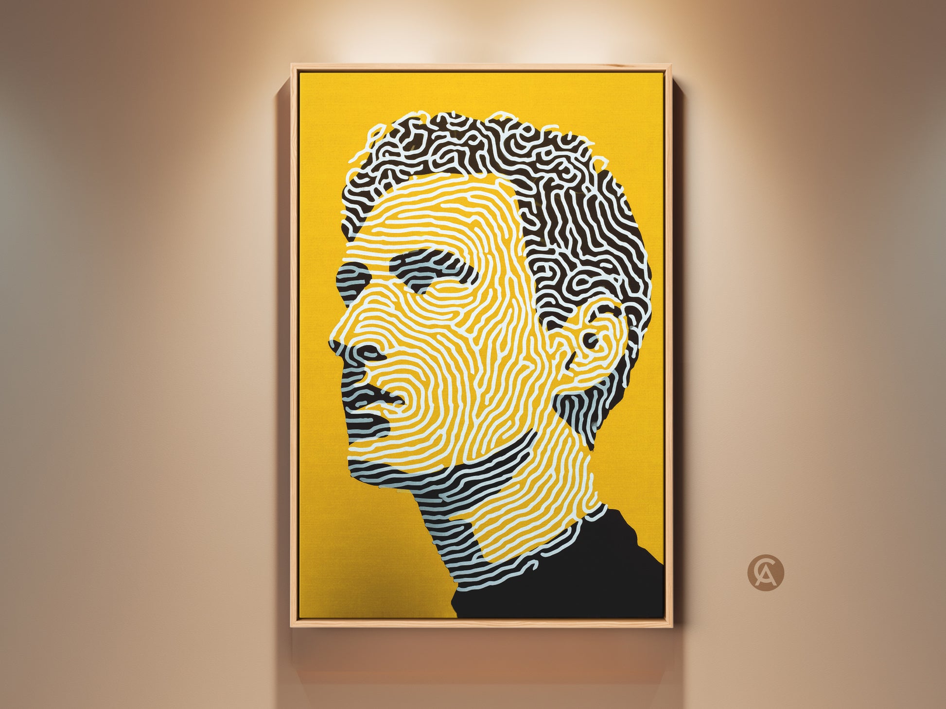Modern portrait art print with a yellow background. The artwork features a man's profile. The style is unique with swirling line art. Add this striking piece to your art collection. Perfect for modern art lovers.
