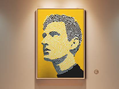 Modern portrait art print with a yellow background. The artwork features a man's profile. The style is unique with swirling line art. Add this striking piece to your art collection. Perfect for modern art lovers.