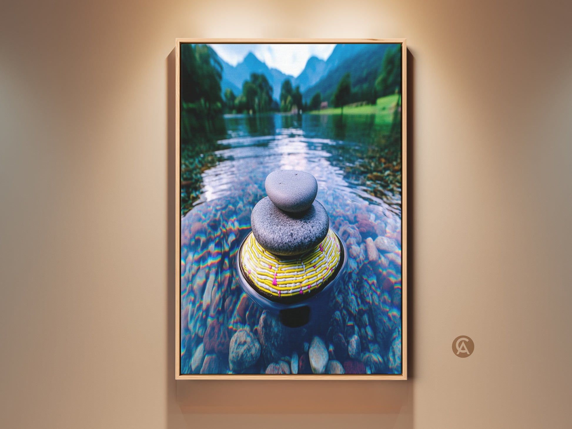 A tranquil Zen stone art print features a balanced cairn in calm water. The blue green mountain landscape creates a serene meditation room atmosphere. This minimalist nature canvas offers a peaceful Zen rock stacking decor.  A perfect spiritual zen wall hanging for calm bedroom wall decor.