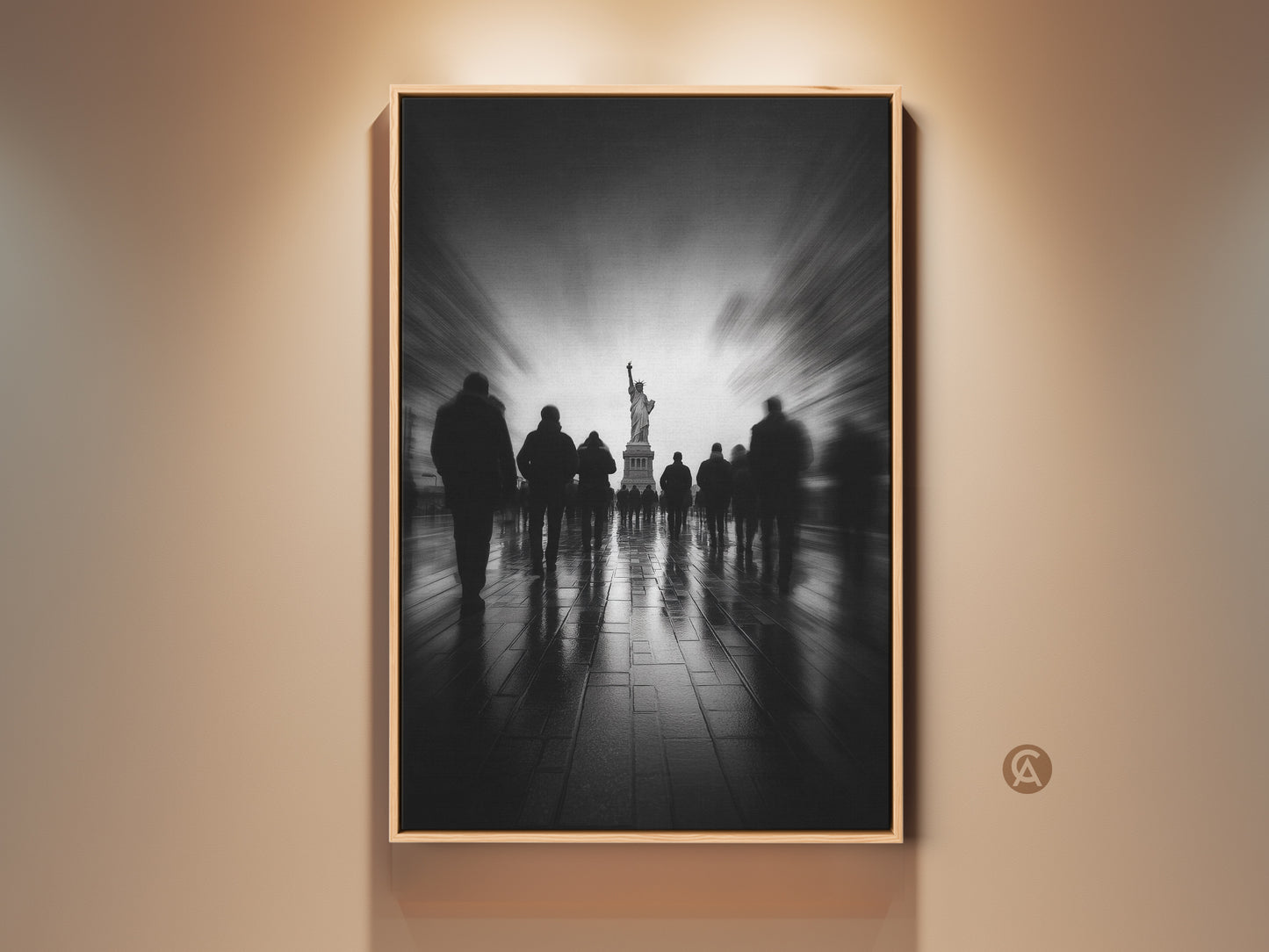 Experience the allure of New York with this framed artwork. A monochrome masterpiece captures the iconic Statue of Liberty. Silhouetted figures add depth to this stunning piece. Perfect for adding a touch of urban sophistication to any space.