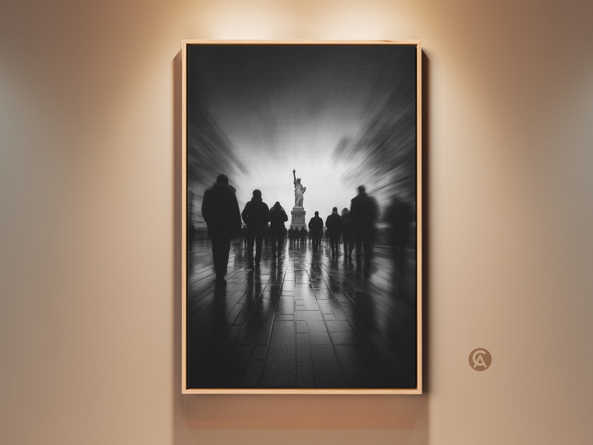 Experience the allure of New York with this framed artwork. A monochrome masterpiece captures the iconic Statue of Liberty. Silhouetted figures add depth to this stunning piece. Perfect for adding a touch of urban sophistication to any space.