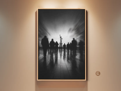 Experience the allure of New York with this framed artwork. A monochrome masterpiece captures the iconic Statue of Liberty. Silhouetted figures add depth to this stunning piece. Perfect for adding a touch of urban sophistication to any space.