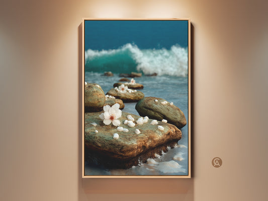 Framed coastal canvas art displaying a serene beach scene. Beach rocks are adorned with delicate cherry blossoms. The backdrop features teal blue ocean waves. It brings a minimalist beach home style.
