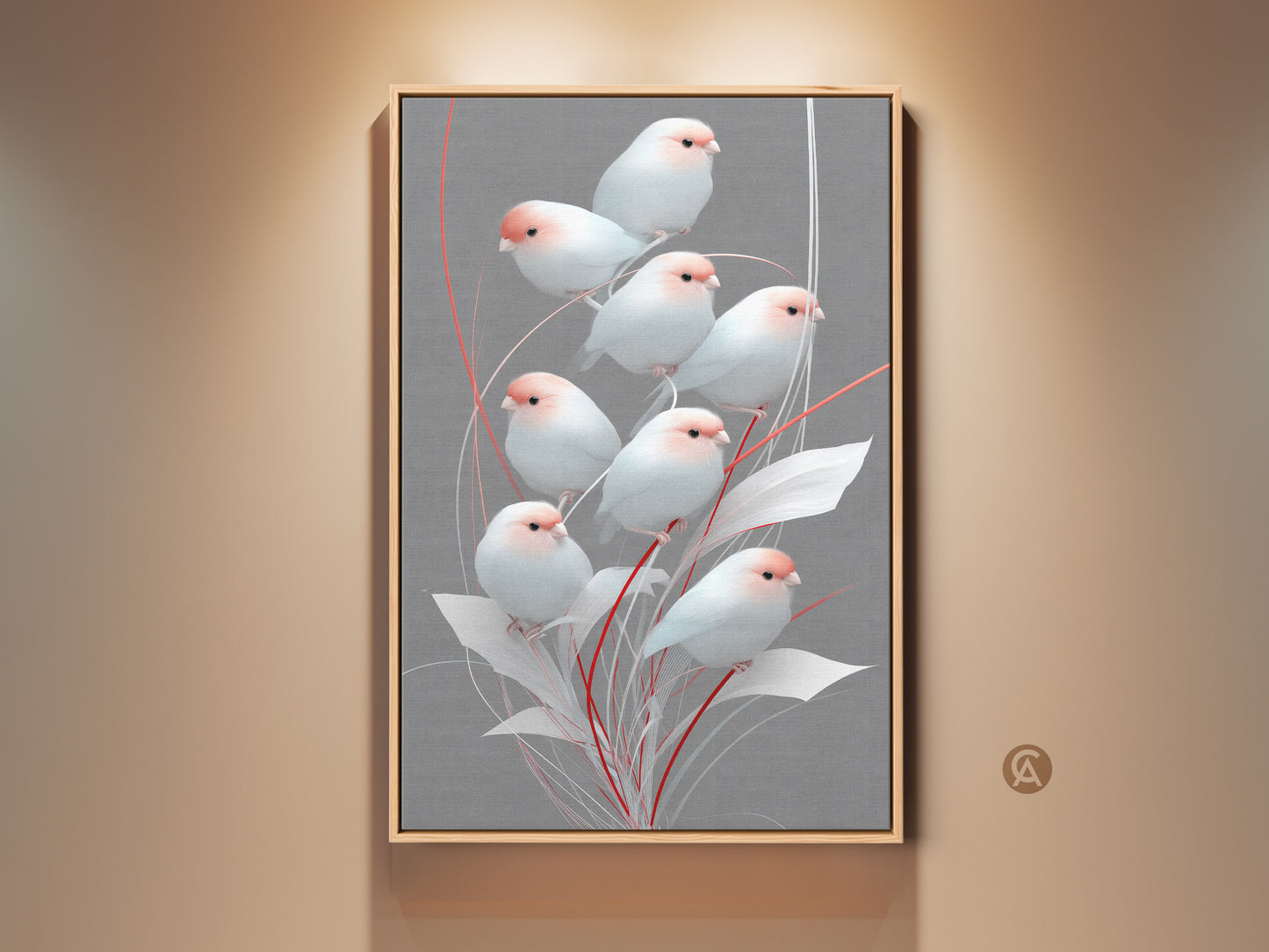 Framed Scandinavian bird artwork in a living space setting. Minimalist finch art adds a touch of nature to this modern decor. Pink and gray botanical stems create a calming nature-inspired atmosphere perfect as a housewarming gift for bird lovers or anyone who appreciates folk art.