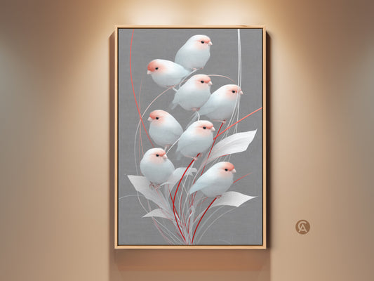Framed Scandinavian bird artwork in a living space setting. Minimalist finch art adds a touch of nature to this modern decor. Pink and gray botanical stems create a calming nature-inspired atmosphere perfect as a housewarming gift for bird lovers or anyone who appreciates folk art.