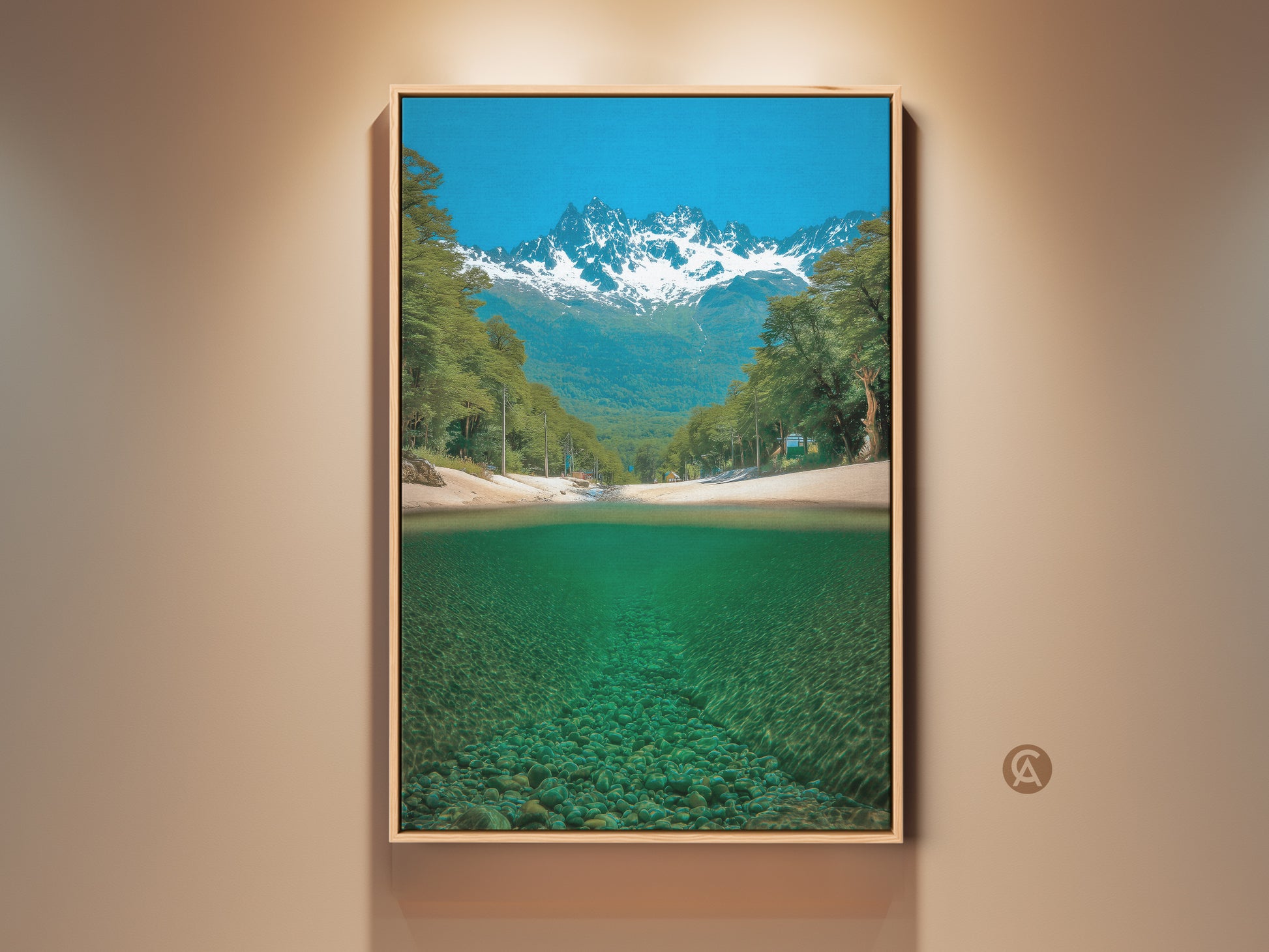Experience the beauty of nature with this mountain river canvas print. It features snowy peaks lush trees and clear teal water. This contemporary artwork brings a realistic landscape indoors. A perfect housewarming gift for nature enthusiasts add this over under photography to your home decor
