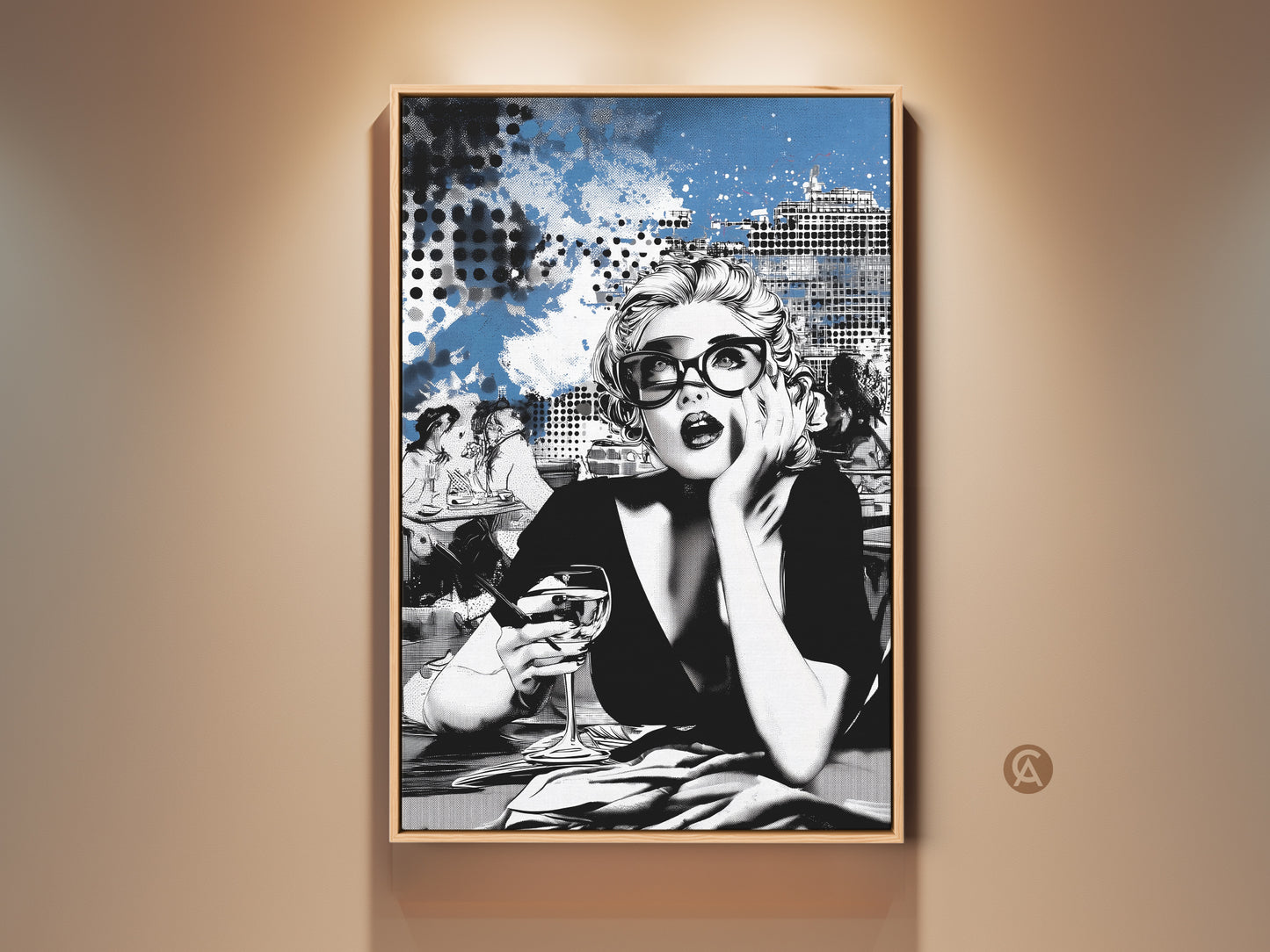 Pop Art woman canvas print. This contemporary artwork features a stylish woman with glasses in a blue and black cityscape. It is perfect for modern chic decor in a bedroom or office. A unique birthday gift for fashion lovers. The art print adds an upscale touch to any space. It captures a trendy and sophisticated aesthetic.