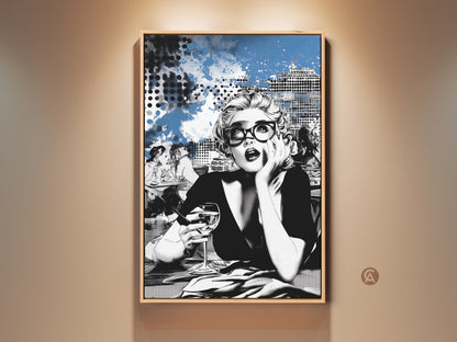 Pop Art woman canvas print. This contemporary artwork features a stylish woman with glasses in a blue and black cityscape. It is perfect for modern chic decor in a bedroom or office. A unique birthday gift for fashion lovers. The art print adds an upscale touch to any space. It captures a trendy and sophisticated aesthetic.