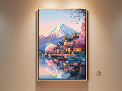 Framed Mount Fuji canvas art print displayed in a gallery setting. This Ukiyo-e inspired Japanese landscape art features serene boats and cherry blossoms. Japandi aesthetic wall decor brings calm nature to any room. A perfect new home gift showcasing Asian inspired home decor.