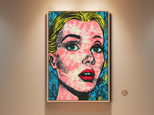 Framed pop art portrait of a blonde woman with red lips. The artwork is displayed on a neutral wall. The frame is a natural wood tone adding warmth to the colorful piece. This modern artwork adds a stylish touch to any room.