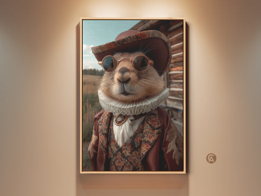 This canvas print showcases a vintage animal portrait art. A historical prairie dog dons a ruff collar spectacles and hat. Displayed in a eclectic Sienna Orange frame it's a unique piece for study decor a perfect animal lover gift and adds charm to any space.