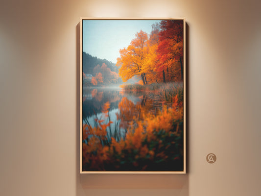 Framed autumn lake artwork. The vibrant fall colors pop. The art brings nature indoors. Displayed on a beige wall. The reflection on the water is very clear. Buy framed canvas art for home decor.