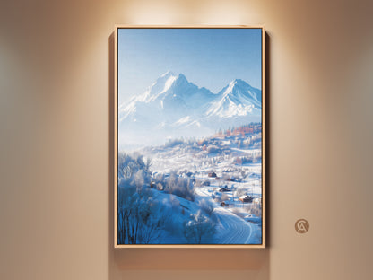 Framed winter landscape art print. This eye-level shot captures snow-covered homes nestled in a valley. Towering mountains rise in the background. The artwork is displayed in a natural wood floating frame.