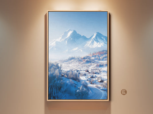 Framed winter landscape art print. This eye-level shot captures snow-covered homes nestled in a valley. Towering mountains rise in the background. The artwork is displayed in a natural wood floating frame.