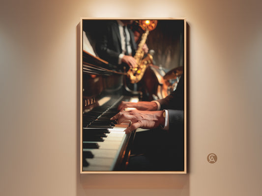 Framed jazz art featuring a pianist and saxophonist. The artwork captures the essence of live music. The art print adds a touch of class to any room. It is perfect for music lovers. The art is displayed in a floating frame.