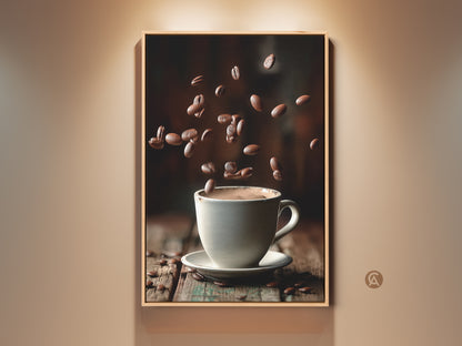 A framed canvas print displays a minimalist coffee cup artwork. Falling beans surround a white cup on a wooden table. This dark brown and white art brings a contemporary cafe decor vibe. This modern lifestyle artwork enhances any kitchen or coffee lover's space. Perfect as a housewarming gift.