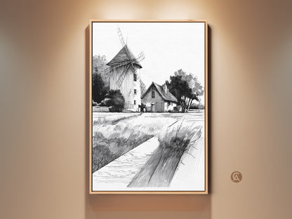Framed farmhouse windmill art print displayed on a wall. Black and white ink drawing art adds a rustic touch. Country landscape wall art enhances home decor. A perfect housewarming gift to bring rural charm to any space.