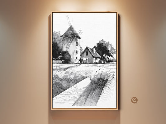 Framed farmhouse windmill art print displayed on a wall. Black and white ink drawing art adds a rustic touch. Country landscape wall art enhances home decor. A perfect housewarming gift to bring rural charm to any space.