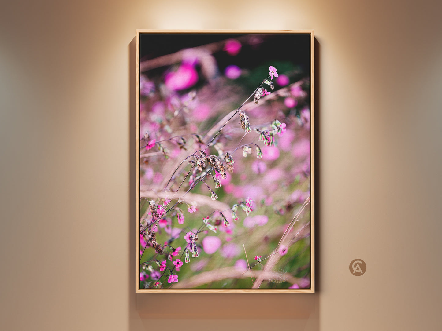 Botanical art print displayed in a wooden frame. This pink wildflower macro photo showcases a soft focus floral canvas. A nature art piece perfect for a bedroom. It's an ideal plant lover gift with its boho aesthetic.