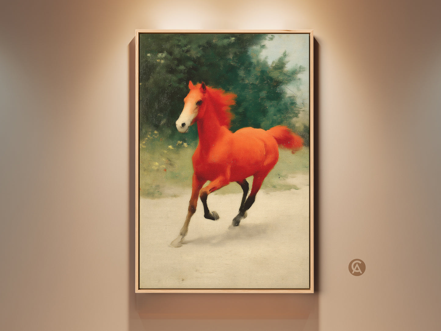 Expressive orange horse canvas print on display. This equine artwork captures a galloping horse with impressionist style. It is framed with a natural wood finish. This piece adds a vibrant and eclectic touch to any room. Perfect gift for horse lovers seeking unique equestrian art.