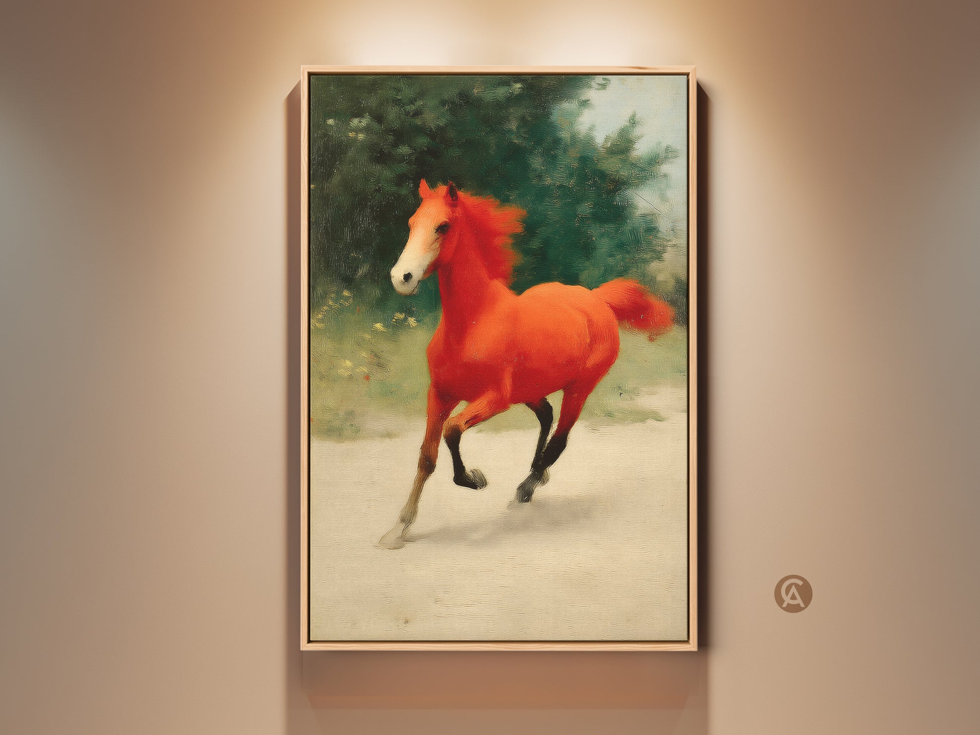 Expressive orange horse canvas print on display. This equine artwork captures a galloping horse with impressionist style. It is framed with a natural wood finish. This piece adds a vibrant and eclectic touch to any room. Perfect gift for horse lovers seeking unique equestrian art.