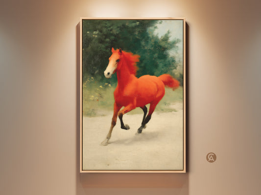 Expressive orange horse canvas print on display. This equine artwork captures a galloping horse with impressionist style. It is framed with a natural wood finish. This piece adds a vibrant and eclectic touch to any room. Perfect gift for horse lovers seeking unique equestrian art.