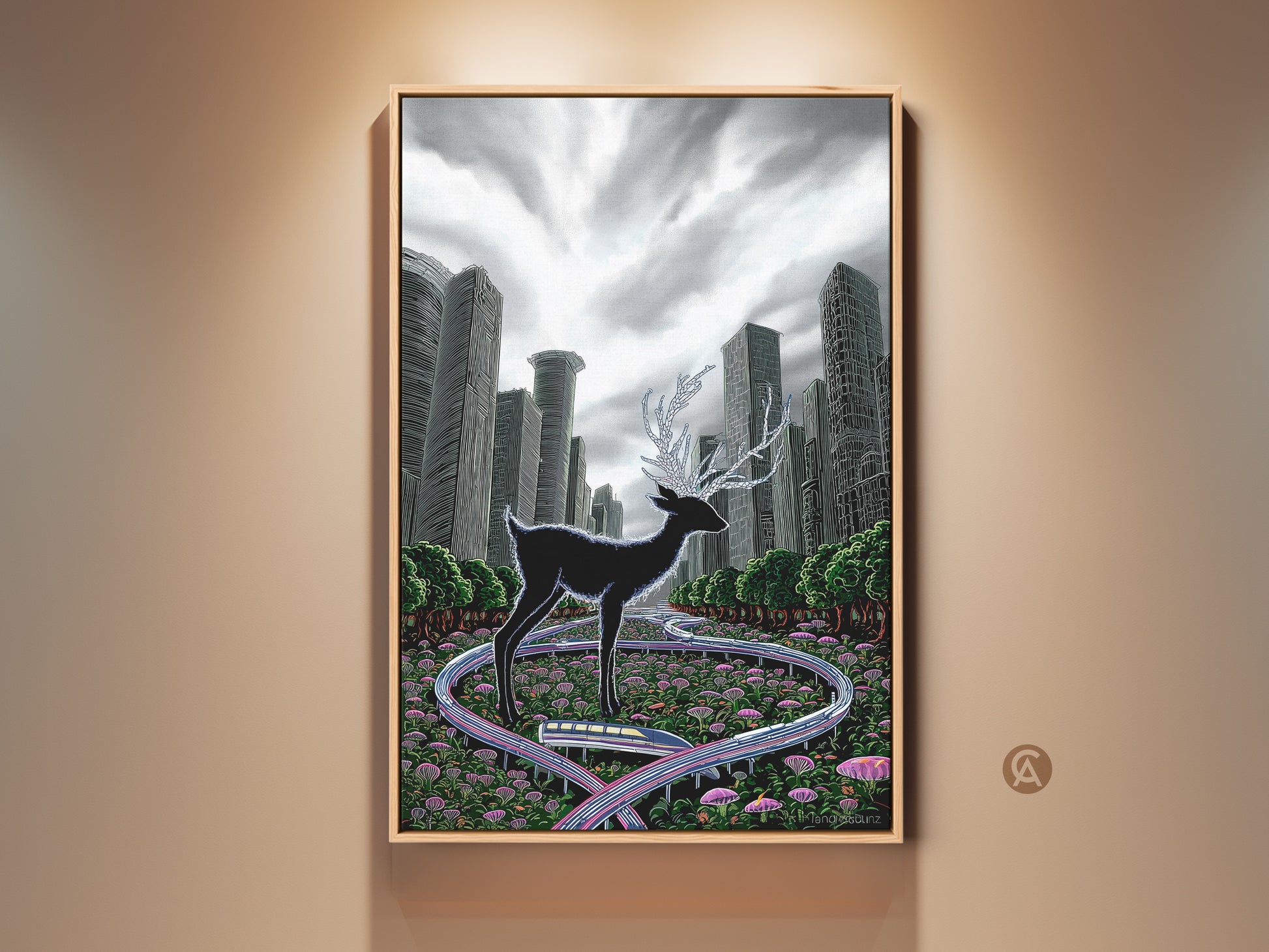 Experience surreal deer artwork. This black deer art print features crystalline antlers. It stands in a green cityscape with a futuristic train. This eclectic animal decor is a unique housewarming gift. Perfect for office artwork or a living room statement piece.