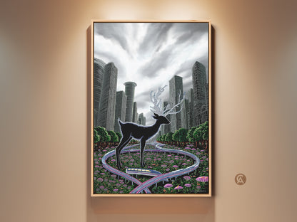 Experience surreal deer artwork. This black deer art print features crystalline antlers. It stands in a green cityscape with a futuristic train. This eclectic animal decor is a unique housewarming gift. Perfect for office artwork or a living room statement piece.