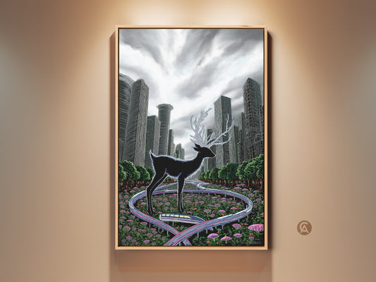Experience surreal deer artwork. This black deer art print features crystalline antlers. It stands in a green cityscape with a futuristic train. This eclectic animal decor is a unique housewarming gift. Perfect for office artwork or a living room statement piece.