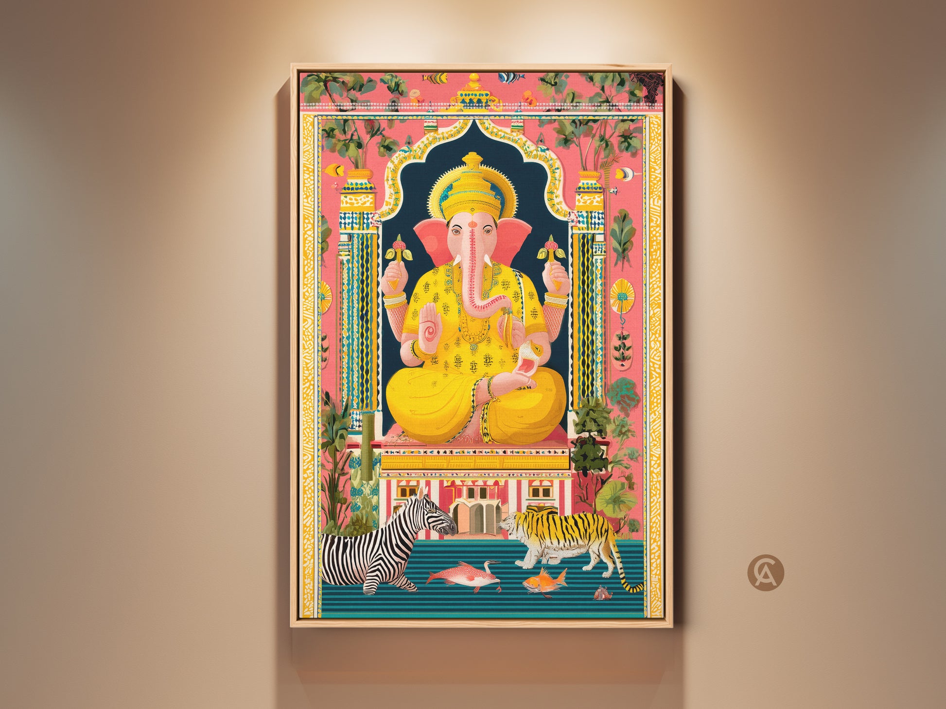Framed Spiritual Ganesha Art Print. This piece showcases a blend of Boho Folk Art style. The artwork features tigers zebras. It's rendered in yellow blue pink tones. A striking housewarming gift that adds eclectic aesthetics to any home