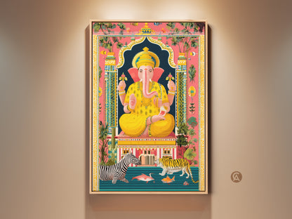 Framed Spiritual Ganesha Art Print. This piece showcases a blend of Boho Folk Art style. The artwork features tigers zebras. It's rendered in yellow blue pink tones. A striking housewarming gift that adds eclectic aesthetics to any home