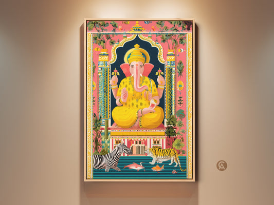 Framed Spiritual Ganesha Art Print. This piece showcases a blend of Boho Folk Art style. The artwork features tigers zebras. It's rendered in yellow blue pink tones. A striking housewarming gift that adds eclectic aesthetics to any home