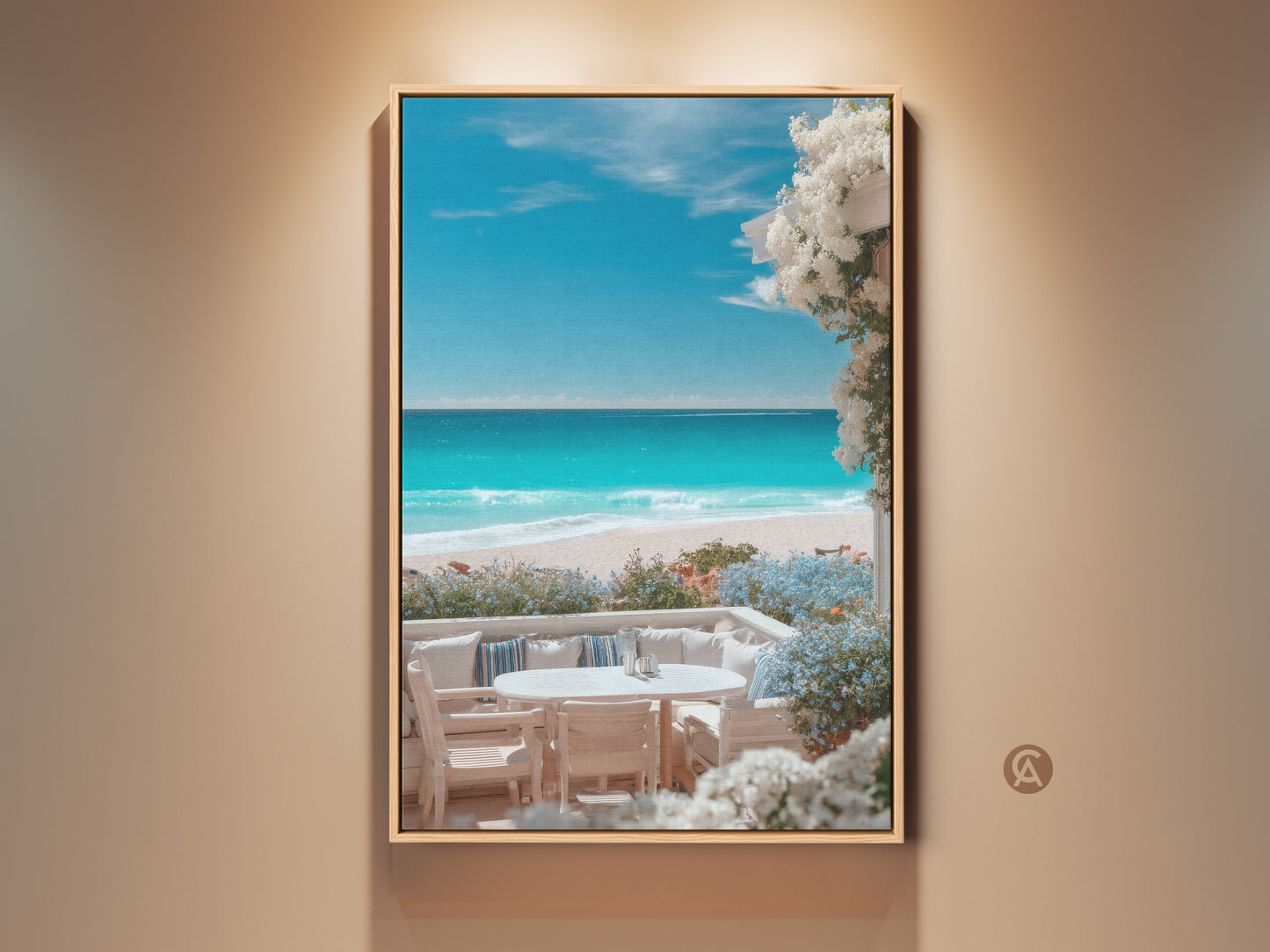 Framed beach artwork showcases a serene coastal scene. The turquoise water and white sand evoke a sense of tranquility. White flowers add a touch of elegance. This beach art print brings coastal charm to any room.
