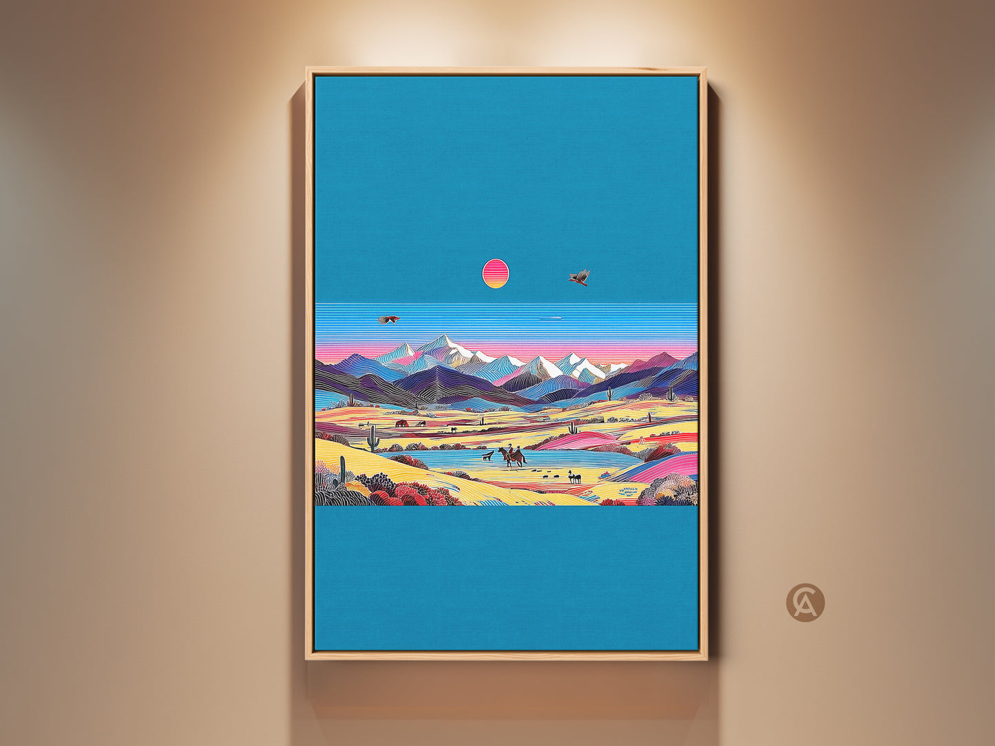 Framed retro wave desert landscape artwork on a beige wall. The teal and pink art print features a vintage cowboy mountain scene. An eclectic wall decor choice for travelers. It brings a bohemian touch to any home decor. A unique housewarming gift wall art option.