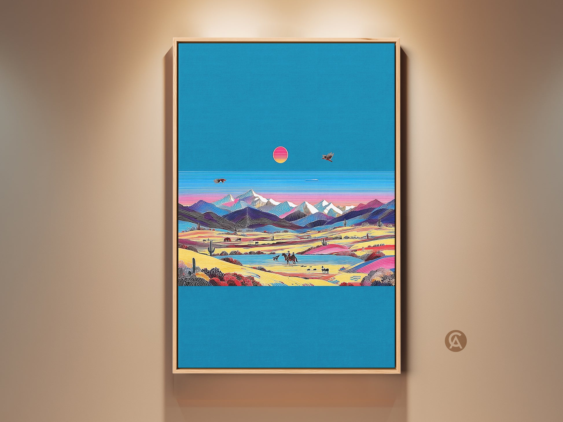 Framed retro wave desert landscape artwork on a beige wall. The teal and pink art print features a vintage cowboy mountain scene. An eclectic wall decor choice for travelers. It brings a bohemian touch to any home decor. A unique housewarming gift wall art option.