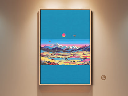 Framed retro wave desert landscape artwork on a beige wall. The teal and pink art print features a vintage cowboy mountain scene. An eclectic wall decor choice for travelers. It brings a bohemian touch to any home decor. A unique housewarming gift wall art option.